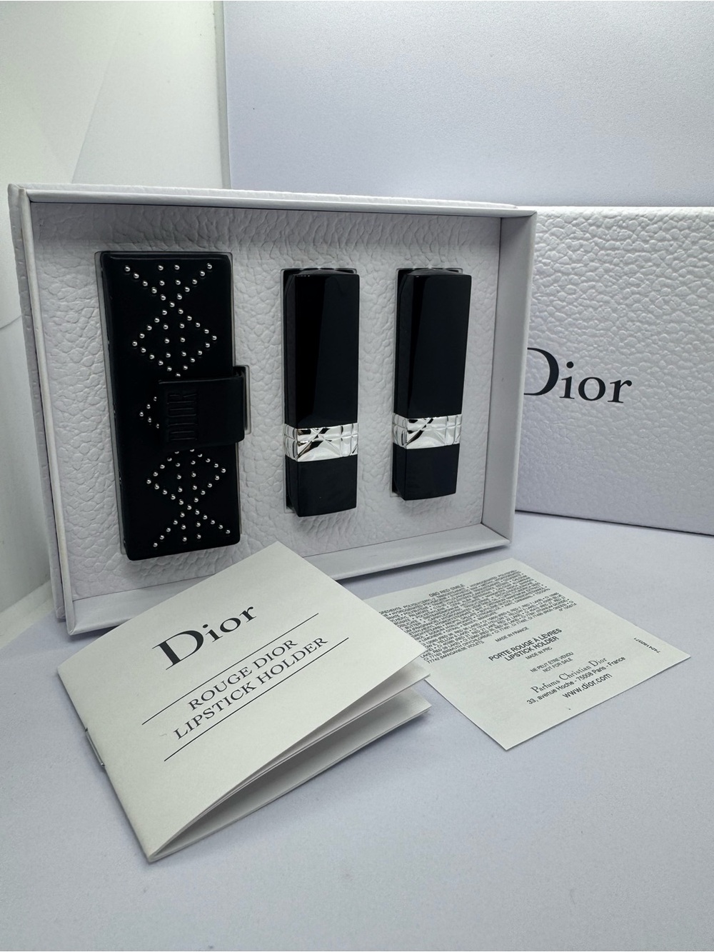 Dior Black Leather Lipstick Holder with Two Black Lacquer Cases